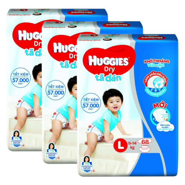 Combo 3 Bỉm tã dán Huggies Dry size L 68 miếng (9 - 14kg)