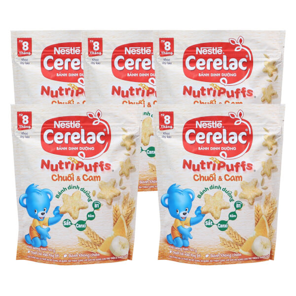 Combo 5 Bánh dinh dưỡng Nestle Cerelac Nutripuffs Vị Chuối và Cam 50