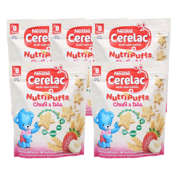 Combo 5 Bánh dinh dưỡng Nestle Cerelac Nutripuffs Vị Chuối và Dâu 50g