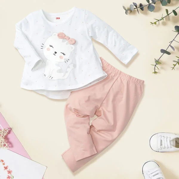 Bộ thun bé gái dài CF G0721005 (6-24M,Trắng)