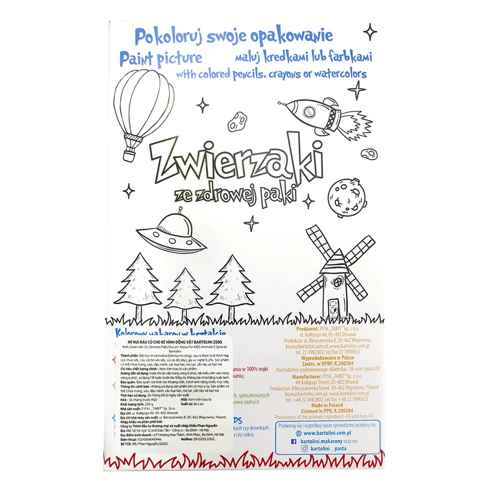 Combo 2 Mì nui rau củ cho bé hình động vật Bartolini (250g)