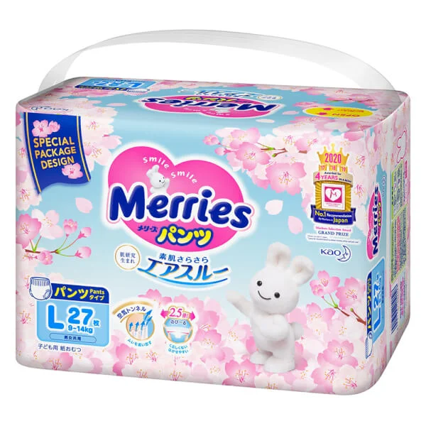 Combo 1 Thùng 6 Bỉm Tã Quần Merries Sakura L và 1 Băng vệ sinh ngày Laurier siêu mỏng (22.5cm)