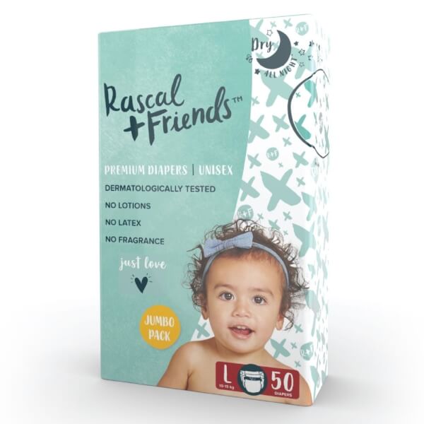 Combo 4 Tã dán sơ sinh Rascal + Friends (L, 10-15kg, 50 miếng)