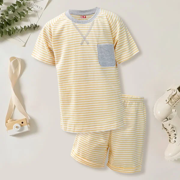 Bộ áo quần thun mặc nhà bé trai ngắn CF B1020023 (3-4Y,Sọc vàng)