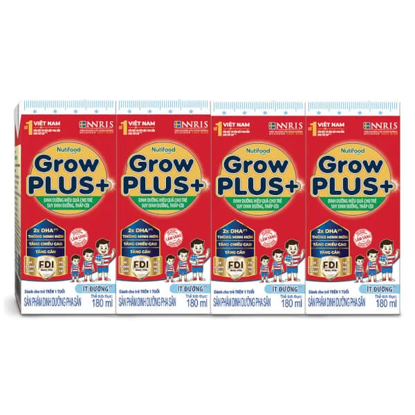 Sữa GrowPlus+ ít đường 180ml (lốc 4 hộp)