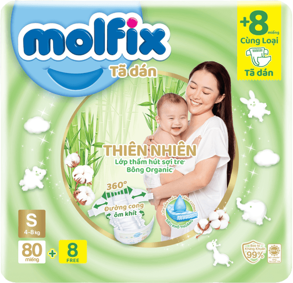 Bỉm tã dán Molfix Thiên nhiên (S, 4-8kg, 80 miếng) (giao bao bì ngẫu nhiên)