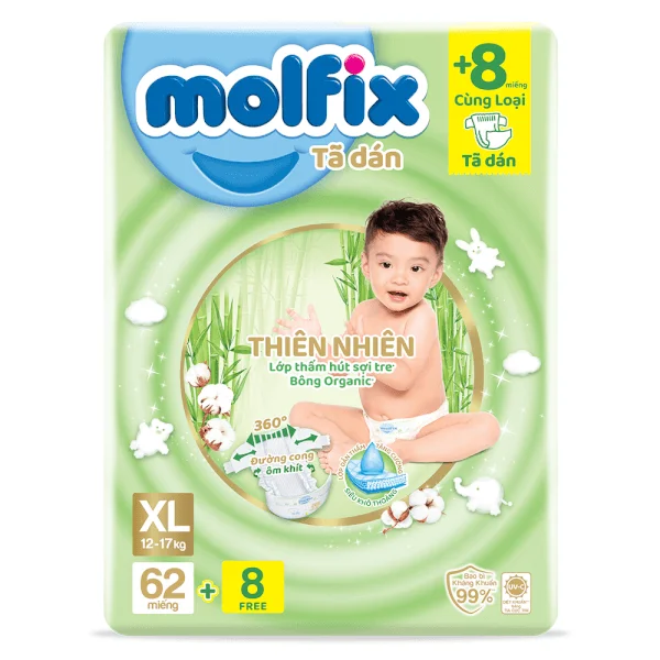 Bỉm tã dán Molfix thiên nhiên (XL, 12-17kg, 62 miếng) (giao bao bì ngẫu nhiên)