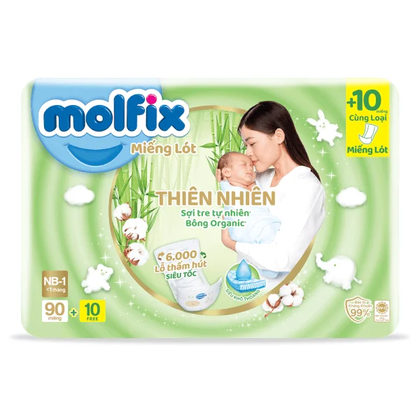 Combo 2 Miếng lót Molfix Thiên Nhiên (Newborn 1, < 1 tháng, 90 miếng + 10 miếng)