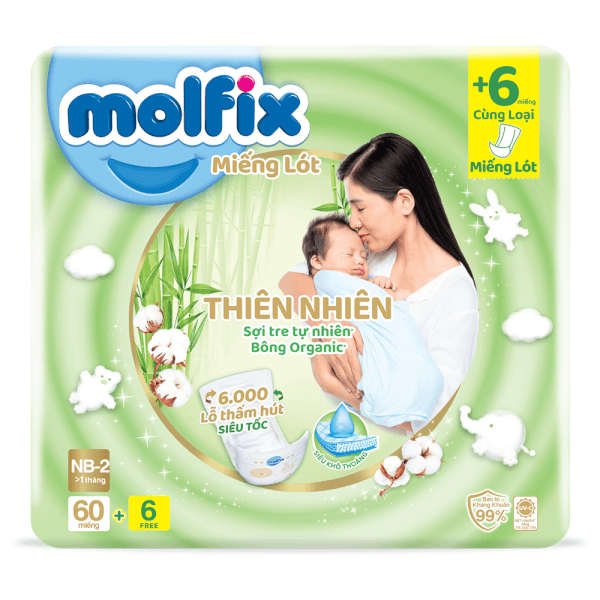 Miếng lót Molfix Thiên Nhiên (Newborn 2, > 1 tháng, 60 miếng + 6 miếng)