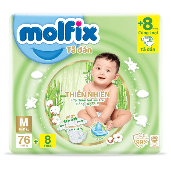 Combo 4 Bỉm tã dán Molfix thiên nhiên (M, 6-11kg, 76 miếng)