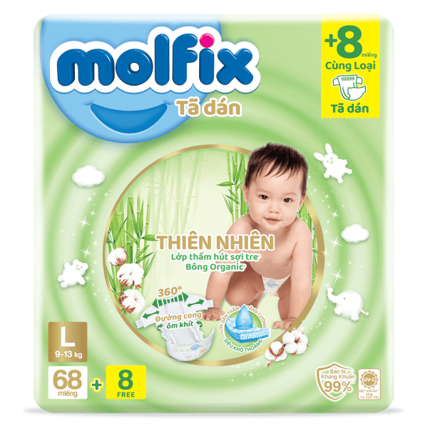 Combo 4 Bỉm tã dán Molfix thiên nhiên (L, 9-13kg, 68 miếng) 8 miếng