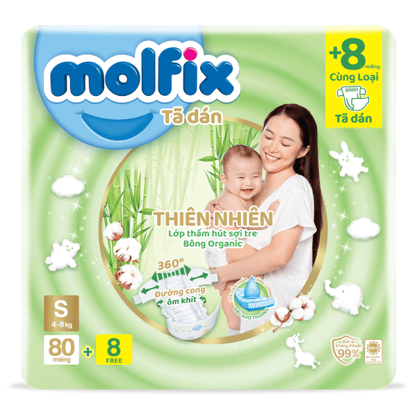 Combo 4 Bỉm tã dán Molfix thiên nhiên (S, 4-8kg, 80 miếng) 8 miếng