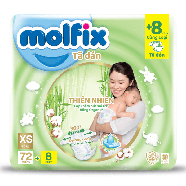 Combo 3 Bỉm tã dán Molfix thiên nhiên (XS, < 5kg, 72 miếng)