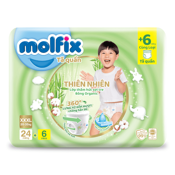 Combo 3 Bỉm tã quần Molfix thiên nhiên (XXXL, 20-35kg, 24 miếng)