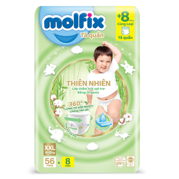 Combo 2 Tã quần Molfix Thiên Nhiên (XXL, 15 - 25kg, 56 miếng + 8 miếng)