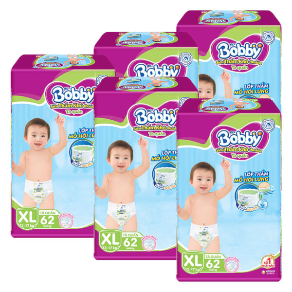 Combo 5 Tã quần Bobby size XL, 62 miếng