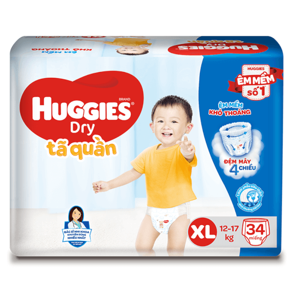 Combo 2 gói Bỉm tã quần Huggies Dry size XL 34 miếng (12-17kg) (Sản phẩm sẽ được giao với bao bì ngẫu nhiên)