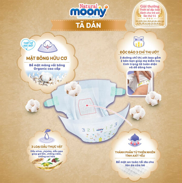 Combo 3 gói Bỉm tã dán Moony Natural size S 58 miếng (4-8kg)