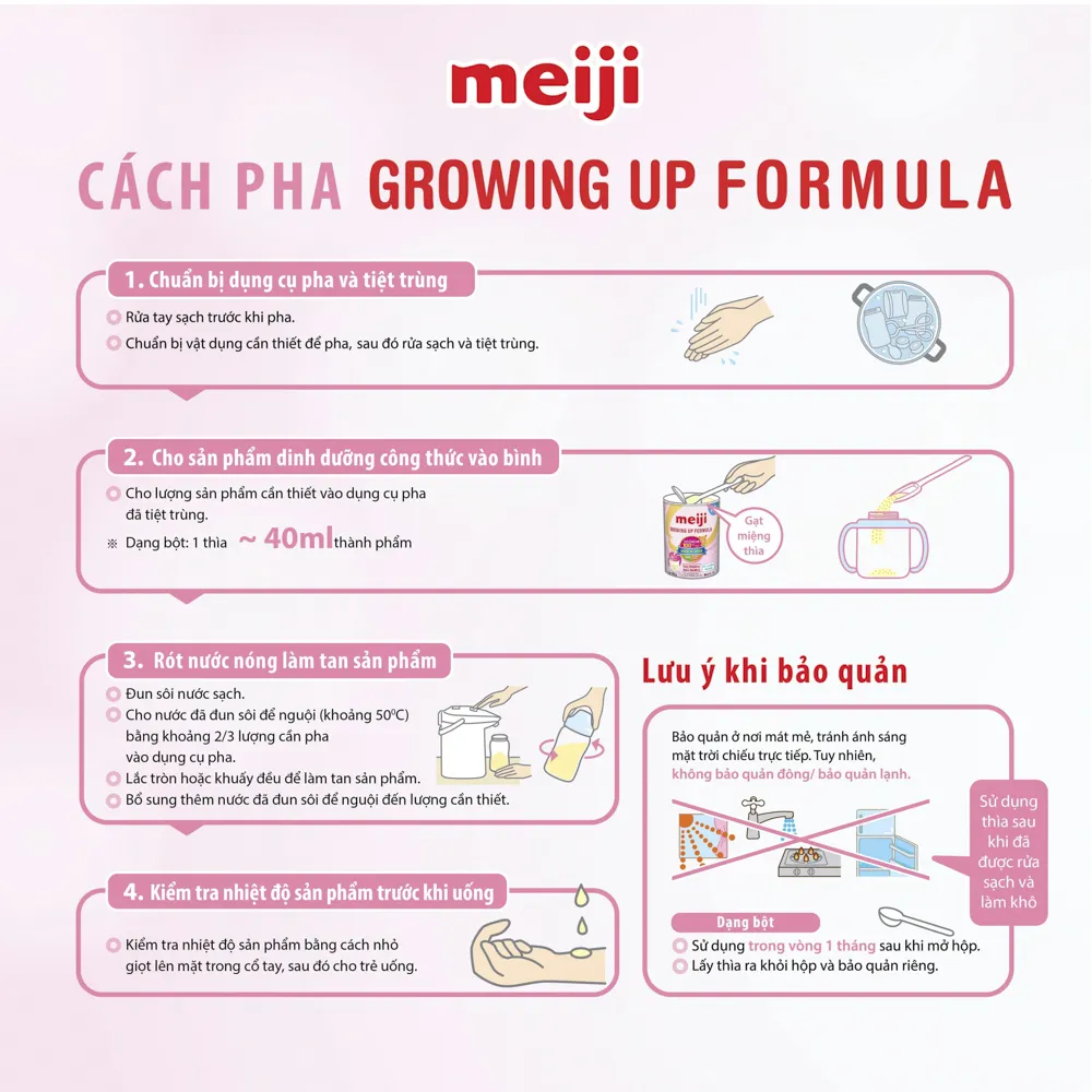 Cách pha sữa Meiji 1 3 dạng bột