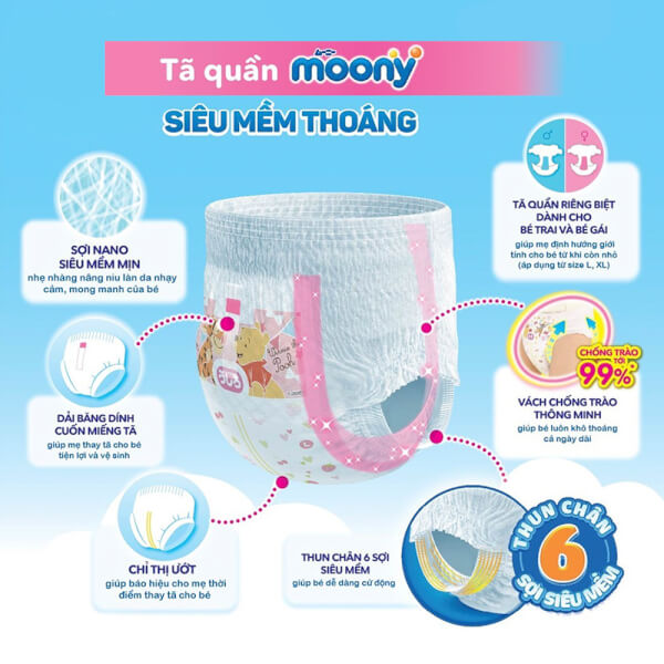 Combo 6 Bỉm tã quần Moony bé gái size XL 38 miếng (12-22kg)