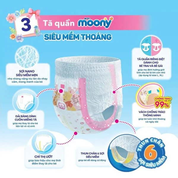 Tã quần Moony (L - bé gái, 44 miếng) + 6 miếng