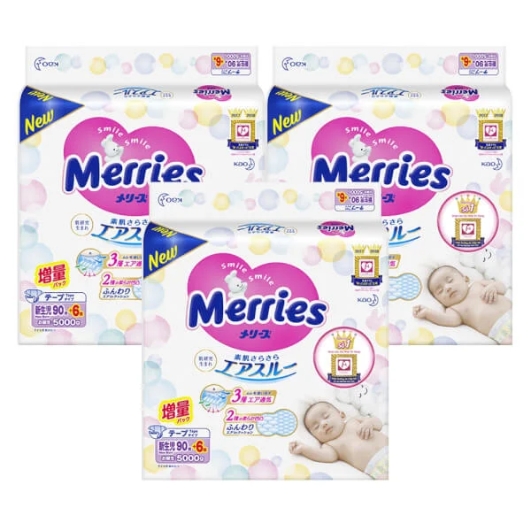 Combo 3 Tã dán Merries (Newborn, dưới 5kg, 90 6 miếng)