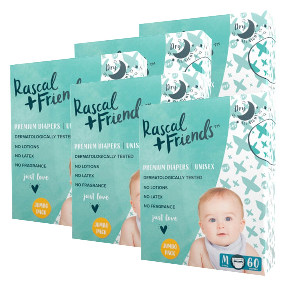 Combo 5 Tã dán Rascal Friends (M, 6-11kg, 60 miếng) | Bỉm Tã khuyến