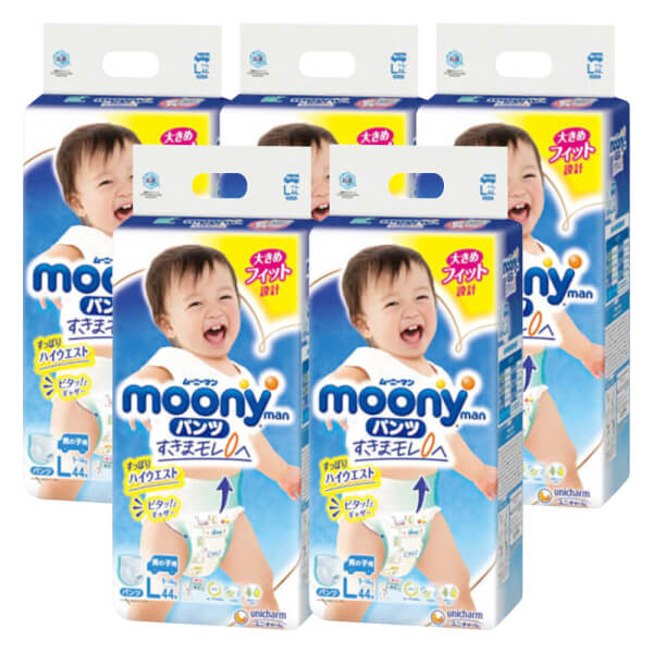 Combo 5 Tã quần Moony (L - bé trai, 44 miếng)