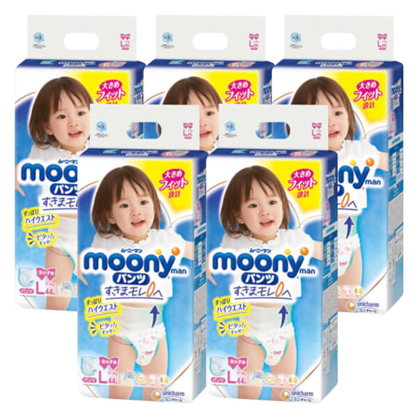 Combo 5 Tã quần Moony (L - bé gái, 44 miếng)