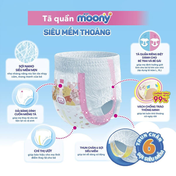 Combo 5 Tã quần Moony (L - bé gái, 44 miếng)