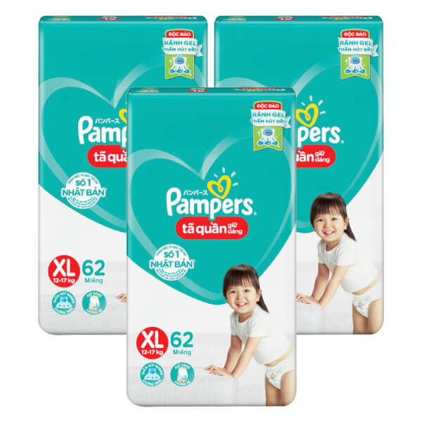 Combo 3 Tã quần Pampers giữ dáng Super Jumbo size XL, 62 miếng (giao ngẫu nhiên)