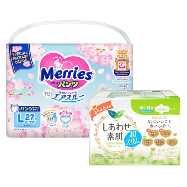 Combo 1 Thùng 6 Bỉm Tã Quần Merries Sakura L và 1 Băng vệ sinh ngày Laurier siêu mỏng (22.5cm)
