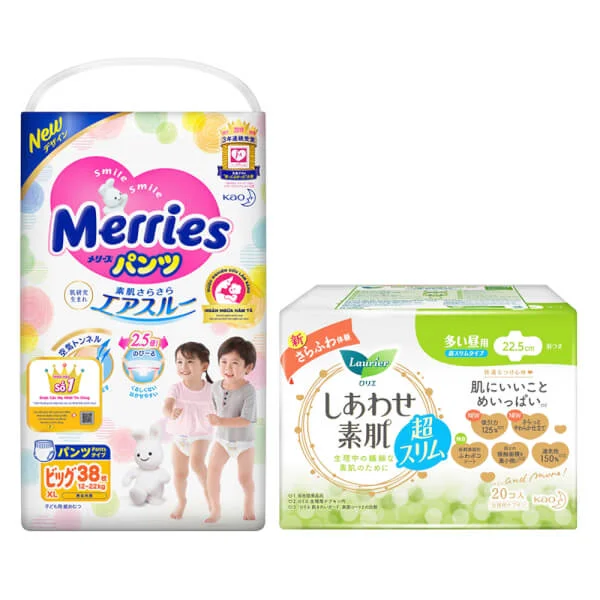 Combo 1 Bỉm tã quần Merries size XL 38 miếng và 1 Băng vệ sinh ngày Laurier siêu mỏng (22.5cm)