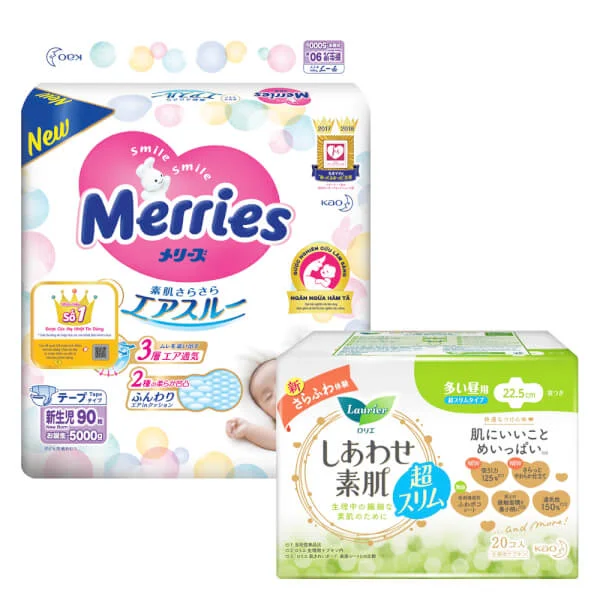 Combo 1 Bỉm tã dán Merries size Newborn 90 miếng (dưới 5kg) và 1 Băng vệ sinh ngày Laurier siêu mỏng (22.5cm)