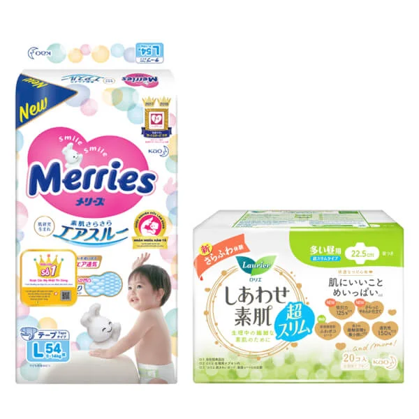 Combo 1 Bỉm tã dán Merries size L 54 miếng (9-14kg) và 1 Băng vệ sinh ngày Laurier siêu mỏng (22.5cm)