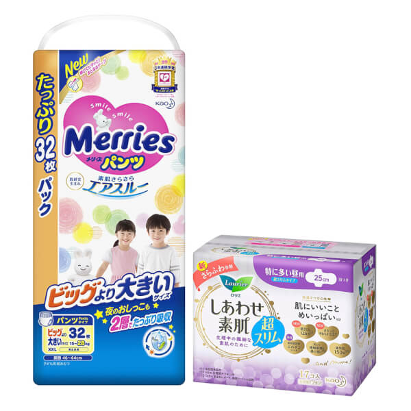 Combo 1 Tã quần Merries Ultra Jumbo (XXL, 32 miếng) và 1 Băng vệ sinh ngày Laurier siêu mỏng (25cm) - 17 miếng