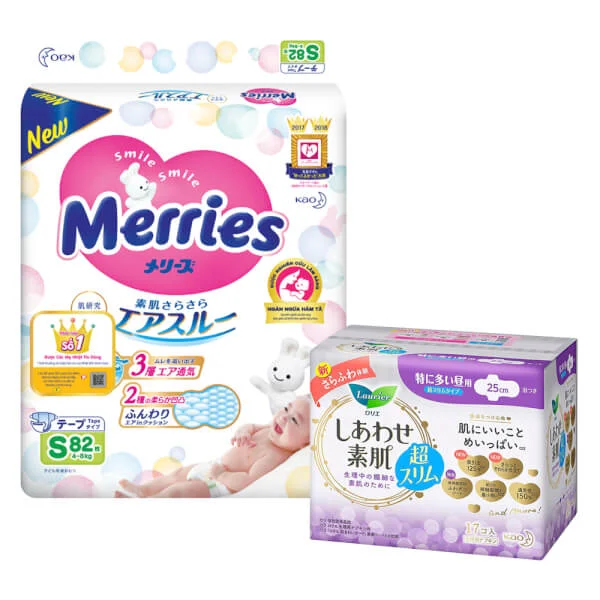 Combo 1 Bỉm tã dán Merries size S 82 miếng (4-8kg) và 1 Băng vệ sinh ngày Laurier siêu mỏng (25cm) - 17 miếng