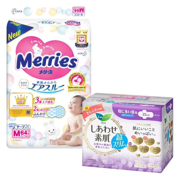 Combo 1 Bỉm tã dán Merries size M 64 miếng (6-11kg) và 1 Băng vệ sinh ngày Laurier siêu mỏng (25cm) - 17 miếng