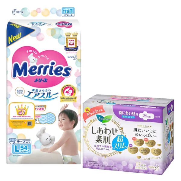 Combo 1 Bỉm tã dán Merries size L 54 miếng (9-14kg) và 1 Băng vệ sinh ngày Laurier siêu mỏng (25cm) - 17 miếng
