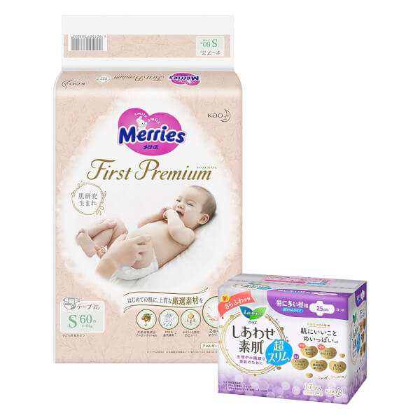 Combo 1 Bỉm tã dán Merries 1st Premium size S và 1 Băng vệ sinh ngày Laurier siêu mỏng (25cm) - 17 miếng