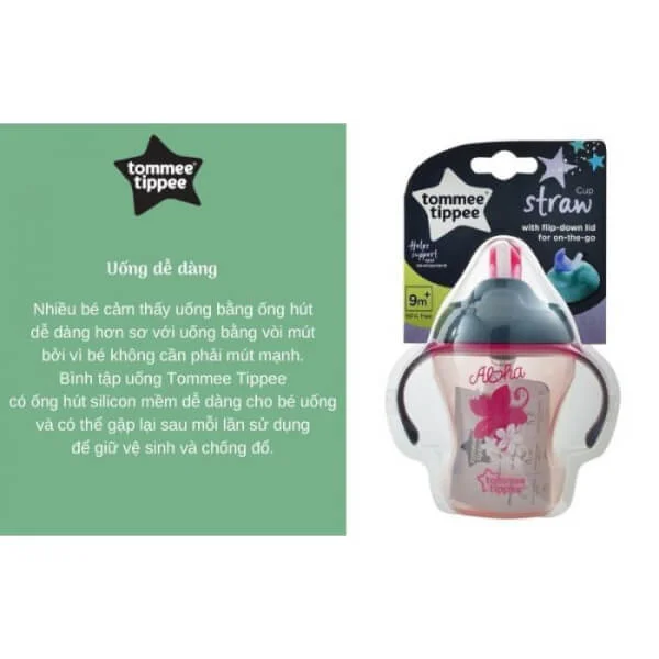 Bình tập uống có ống hút cho bé Tommee Tippee Training Straw 230ml từ 9 tháng - Hồng