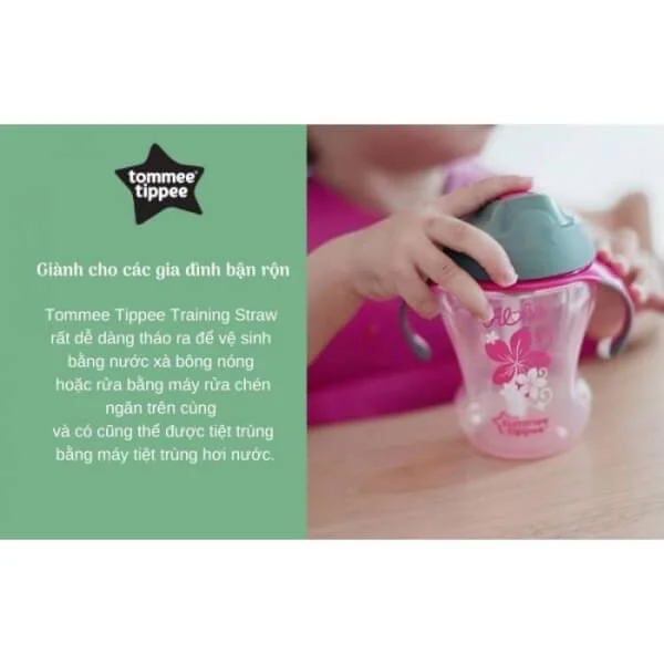 Bình tập uống có ống hút cho bé Tommee Tippee Training Straw 230ml từ 9 tháng - Hồng
