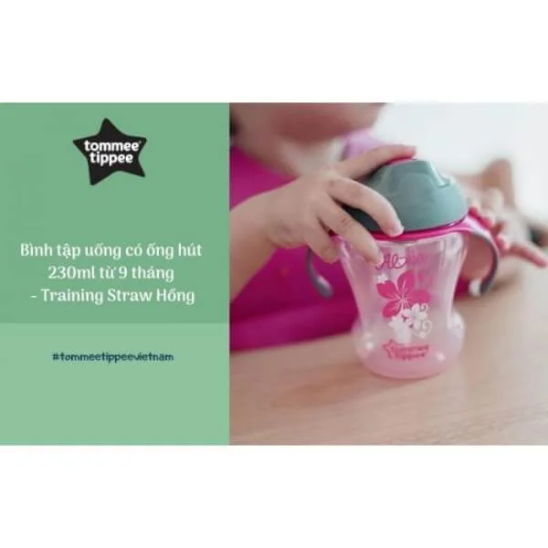 Bình tập uống có ống hút cho bé Tommee Tippee Training Straw 230ml từ 9 tháng - Hồng