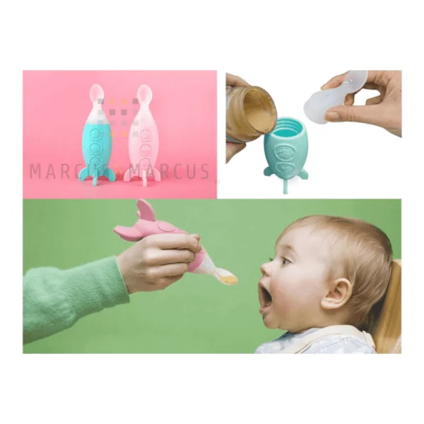 Bình bóp ăn dặm silicon có thìa cho bé Marcus & Marcus, từ 6 tháng - Xanh