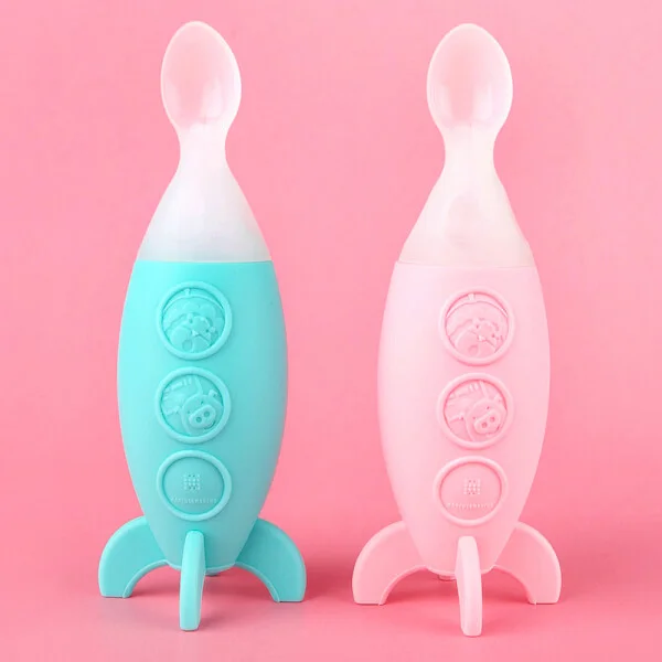 Bình bóp ăn dặm silicon có thìa cho bé Marcus & Marcus, từ 6 tháng - Xanh