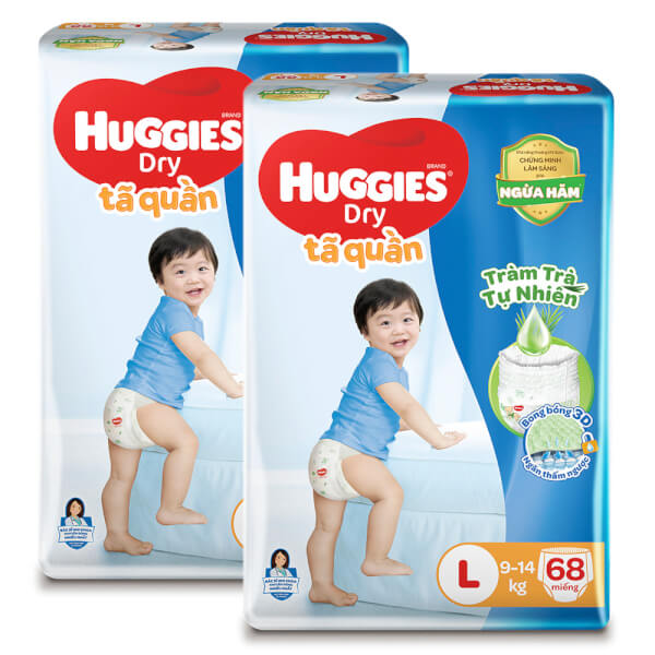 Combo 2 gói Bỉm tã quần Huggies Dry size L 68 miếng (9-14kg) (Sản phẩm sẽ được giao với bao bì ngẫu nhiên)