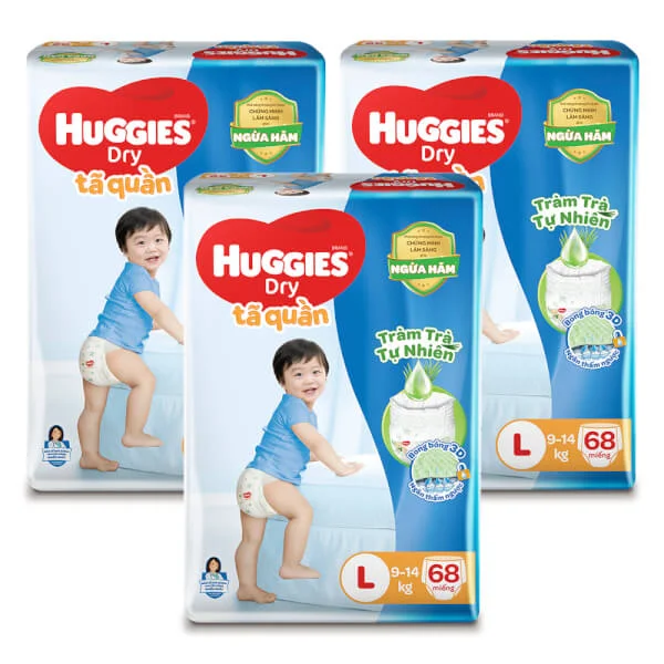 Combo 3 gói Bỉm tã quần Huggies Dry size L 68 miếng (9-14kg)