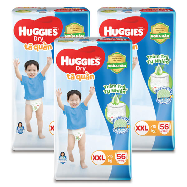 Combo 3 gói Bỉm tã quần Huggies Dry size XXL 56 miếng (15-25kg) (Sản phẩm sẽ được giao với bao bì ngẫu nhiên)