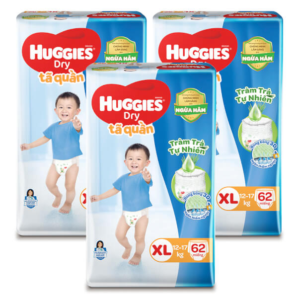 Combo 3 gói Bỉm tã quần Huggies Dry size XL 62 miếng (12-17kg) (Sản phẩm sẽ được giao với bao bì ngẫu nhiên)