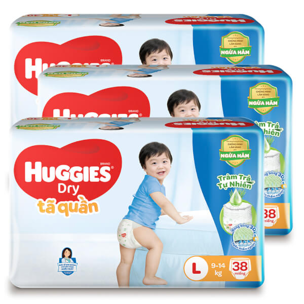 Combo 3 gói Bỉm tã quần Huggies Dry size L 38 miếng (9-14kg) (Sản phẩm sẽ được giao với bao bì ngẫu nhiên)